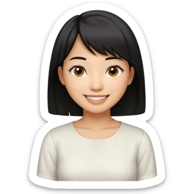 30 yr old asian woman center parted hair big eyes big smile tanned skin straight black hair hippie part hair white blouse shoulder length hair middle parted hair few short bangs at front sticker