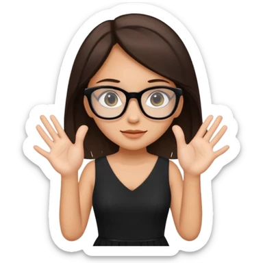 a cute white brunette girl in a black dress wearing glasses  with two hands  sticker