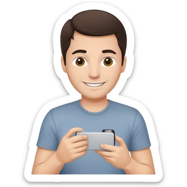 make a white guy with dark brown hair repairing an iphone happy, with a simple white o grey shirt sticker