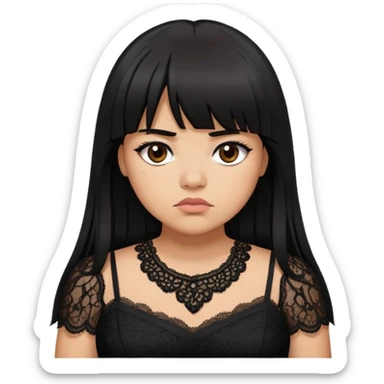 Latina girl with bangs long black layered hair plus size black lace dress disappointed  sticker