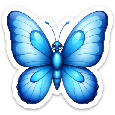 Cinematic Realistic Cute Blue Butterfly Portrait Emoji, Head tilted playfully and inquisitively, featuring beautifully patterned sapphire wings with intricate venation and a charming, petite body with round, sparkling eyes full of gentle curiosity, rendered with lifelike detail and warm natural highlights, high shine, affectionate and spirited, styled with a touch of whimsical garden magic, soft glowing outline, capturing the essence of a mischievous yet lovable blue butterfly that seems ready to flutter playfully into your arms! sticker