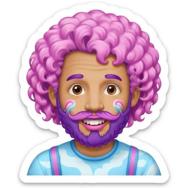 very colorful puffy violet curly haired man beard made out of cotton candy wearing teeth-braces and excessive face tattoos just face  sticker