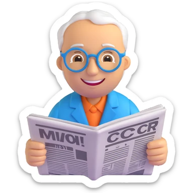 3D smiley emoji, round shape, grandfather with glasses reading a newspaper, blue color, smiling face sticker