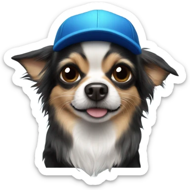 all black long haired Chihuahua held by old man with blue eyes goatee in ball cap sticker