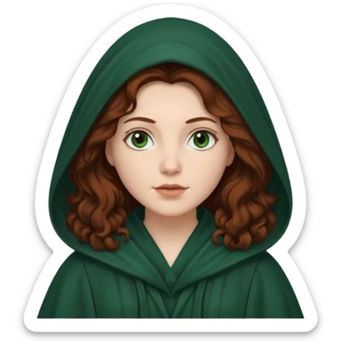 A white woman, a little heavier face, with long dark auburn hair robed and hooded like she's a Traitor in the tv show The Traitors. her hair is slightly curly, but kinda frizzy, not with defined curls, and the robe is a very dark green color sticker