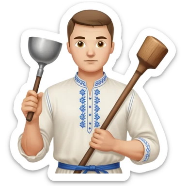 Ukrainian man wearing traditional white embroidered shirt (vyshyvanka) holding a hammer in one hand and a kitchen ladle in the other hand sticker