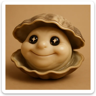 A cute oyster with a dreamy expression, starry eyes, soft smile, in photorealistic style. sticker