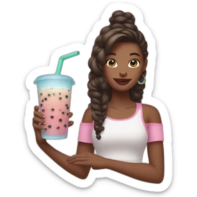 a girl holding an ipad and bubble tea sticker