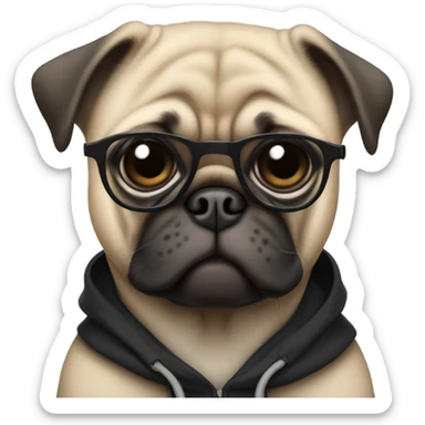 pug wearing a black hoodie and glasses looking sideways sticker