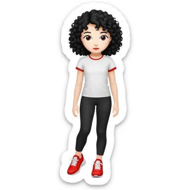 generate a pretty bratz fair skinned girl with curly black hair wearing a white tshirt trekking with red sneakers on and black leggings sticker