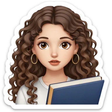 cute girl with not volominous VERY LONG curly/wavy brunette hair with balayage, brown eyes, full lips, natural clean girl makeup and hoop earrings white girl: super desperate studying sticker