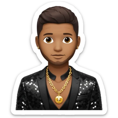 Usher with dark brown hair, black sequin suit jacket, shirtless with necklace sticker