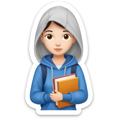 A flat-style illustration of a woman college student with a tote bag over her shoulder and a book in one hand. The student wears a hoodie. Clean cartoon style, white background, iOS emoji aesthetic. sticker