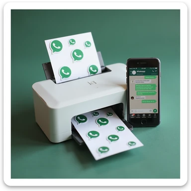 realistic thumbnail for a WhatsApp print out service, showing a printer with multiple sheets of paper covered in WhatsApp chat bubbles, and a smartphone displaying a WhatsApp conversation sticker