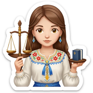 Ukrainian girl with brown hair wearing traditional embroidered shirt (vyshyvanka) holding scales of justice in her hand sticker