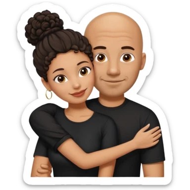 A picture of a tanned couple embracing. the man is a Mexican man with tanned skin, a bald hair cut, short beard and wearing a black shirt. the woman is mixed, with curly dark brown hair in a big messy bun and with big boobs  sticker
