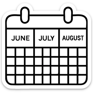 icon of a calendar showing three months, with month names June, July, August, clean and simple, minimal color, clear month divisions, minimalistic, clear grid sticker
