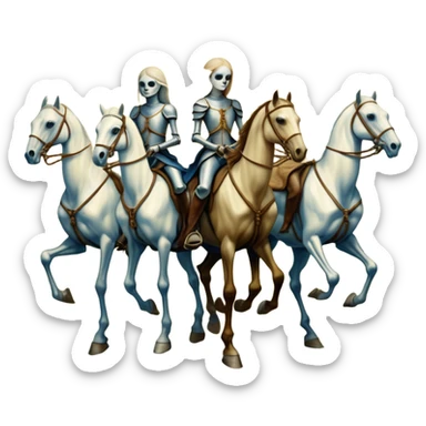 aesthetic brilliant radiant divine lighting, oil paint - ivory Four thin women as riders of the Apocalypse, after a graphic by Albrecht Dürer in a desolate landscape on horse skeletons sticker