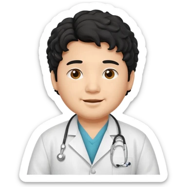 a young asian chubby male doctor with black long curly hair and cheerful face without gpasses sticker