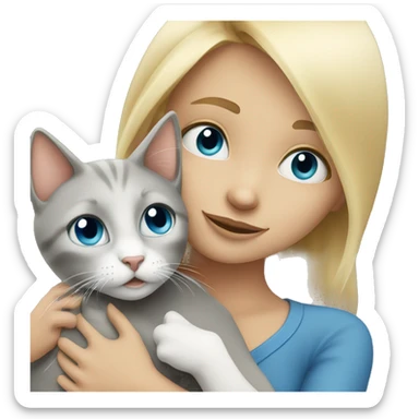 blonde girl hugs grey cat with blue eyes  sticker