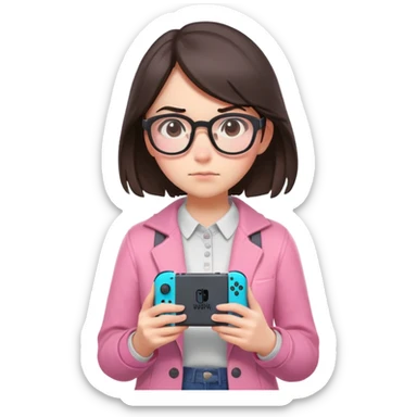 create an emoji of a sad brunette girl in glasses studio ghibli style holding a nintendo switch with a pink skin on it that is running fortnite sticker