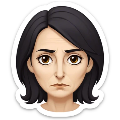 Mirri Maz Duur is a weathered, age 50 woman with deep-set dark eyes, high cheekbones, and a sharp nose, giving her a stern, knowing expression. Her long, unkempt dark hair  falls loosely over her shoulders sticker