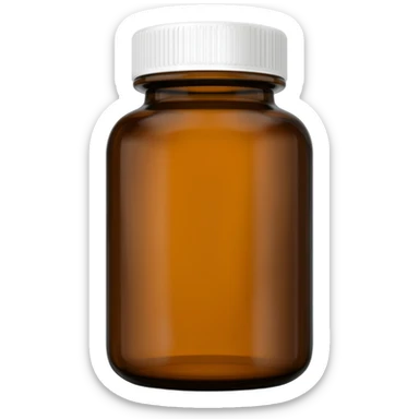 High-resolution studio product photo of an amber brown glass supplement bottle with a white plastic cap, no label, completely blank surface. The bottle is centered, isolated with a soft natural shadow underneath. Professional commercial lighting, sharp focus, ultra-realistic sticker