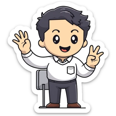 Management educator with black wavy hair, stubble, strong features, white skin, smart casual attire, gesturing while giving a business presentation, enthusiastic teaching expression sticker