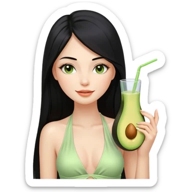 Long black hair with no bangs, very straight hair, pretty face. Wearing white plain halter top. Blushed cheeks, long lashes, nude glossy lips. One eyes with wink. One hand with avocado juice. sticker
