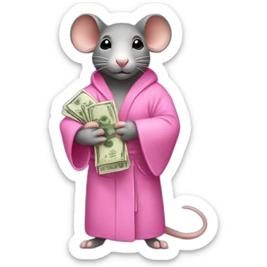 a rat female with a pink bathrobe , holding a bunch of money sticker