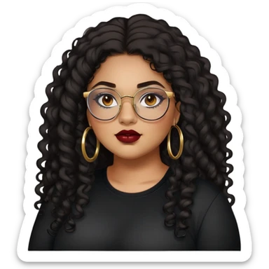 teen big plus size, latina, darker tan skin, gold hoops, long black curly hair, baddie,pretty, makeup, dark red lipgloss, black eyeliner, long hair, black shirt, BLACK glasses sticker