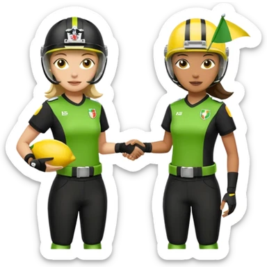 woman pulling a lemon lime flag from another player's belt, both wearing helmets and black uniforms with white accents, football present, no country flags sticker