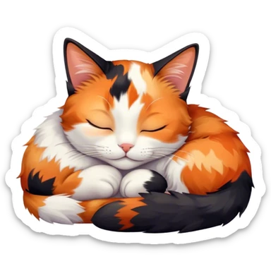 Meme-Worthy Cute Sleeping Calico Cat Portrait Emoji, Head resting peacefully with a content, gentle smile and softly closed eyes, featuring a delicate patchwork fur in vibrant orange, black, and white hues, simplified yet irresistibly endearing, highly detailed, glowing with a soft, drowsy radiance, high shine, exuding relaxed and utterly lovable charm, styled with a gentle, soft glowing outline, capturing the essence of a sleeping calico cat that appears destined to become a viral icon of adorable rest! sticker