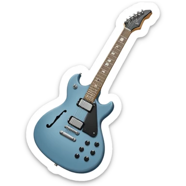 A gray-blue electric guitar with a black pick guard and only one volume knob, make the head tan sticker