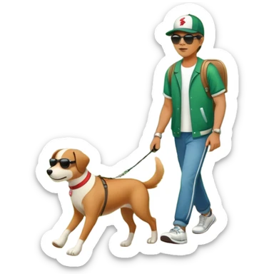 a dog on a leash with a person in a green park setting sticker