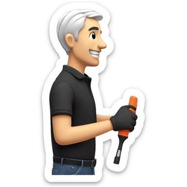 Technician with grey hair wearing a black polo shirt installs a TV to a white wall of an exhibition Booth using a screwdriver sticker