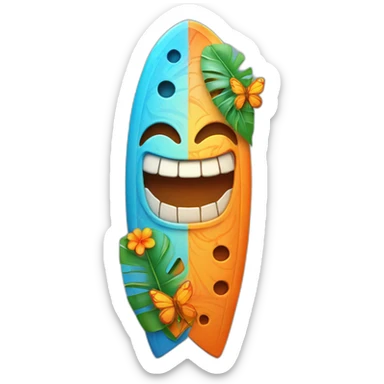 Cartoon Blue and orange smiling tiki with butterfly and surfboard sticker