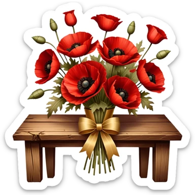 A lush bouquet of deep red poppies tied with a faded gold ribbon, resting on an antique wooden table. Warm brown leaves and golden sunlight add a vintage charm. sticker
