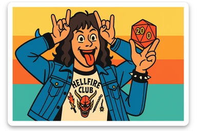Eddie Munson from Stranger Things in vibrant toon style, wide aspect ratio (16:9), holding a Dungeons & Dragons dice, excited expression, lighter vivid colors and dark outlines. sticker