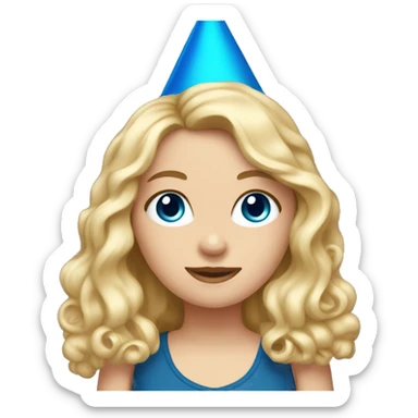 White Girl with blue eyes long curly blonde hair wearing a party hat   sticker