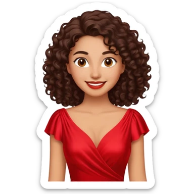 Mujer piel canela, cara ovalada, cejas definidas, pelo súper largo rizado marron oscuro, raya al lado. Sonrisa amplia, expresión suave-alegre. Vestido rojo de seda. sticker