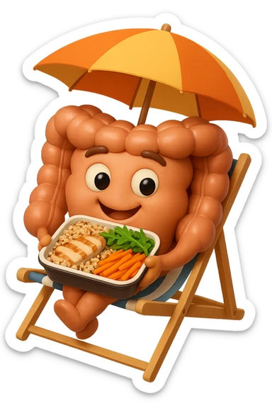 EMOJI STILE IPHONE DI INTESTINO IN SPIAGGIA SU UNA SPIAGGINA SOTTO L'OMBRELLONE CON IN MANO UNA SCHISCETTA DI Insalata di quinoa e pollo con rucola e carote, iperrealistica 4k sticker