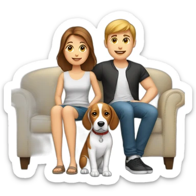 Brown hair White boy and girl with beagle Sit on couch sticker