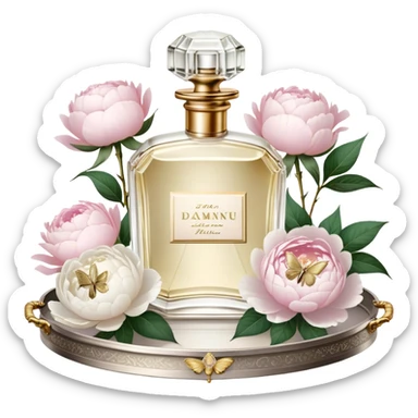 A dreamy still life of a vintage perfume bottle collection with golden embellishments, set on an antique silver tray, surrounded by lush white peonies and soft pink roses, with an iridescent pearl butterfly perched on a golden stopper.
 sticker