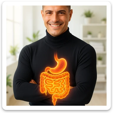 Create a semi-realistic, wellness-themed image of a healthy 30-year-old man inspired by the reference image. Show a stylized glowing intestine with a clean and vibrant gut. The man is in a relaxed pose. The background is a bright minimalistic health clinic with soft lighting, conveying wellness and balance mood. sticker