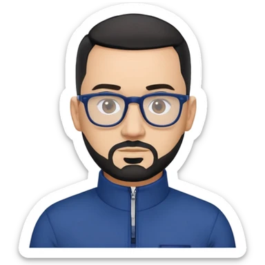 Light-skinned 40-year-old male with buzzcut black hair, gray short beard, black-framed glasses, navy blue zip-collar sports long sleeve shirt sticker