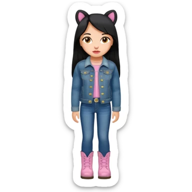 Gordita, ojos pequeños de color cafe oscuro, labios pequeños y rosados, piel trigueña, orejas pequeñas, cabello largo lazio y negro, pequeña. cuerpo completo. vestida con saco jean y botas sticker