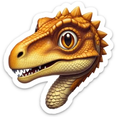Cinematic Realistic Cute velociraptor/T-rex Portrait Emoji, Head tilted playfully and inquisitively, featuring a compact, slightly rounded build with intricately detailed, textured scales in natural hues and a surprisingly endearing face with bright, curious eyes, rendered with lifelike clarity and warm natural light, high shine, affectionate and quirky, styled with a touch of prehistoric whimsy, soft glowing outline, capturing the essence of a mischievous yet lovable velociraptor/T-rex that seems poised to stomp playfully into your arms! sticker