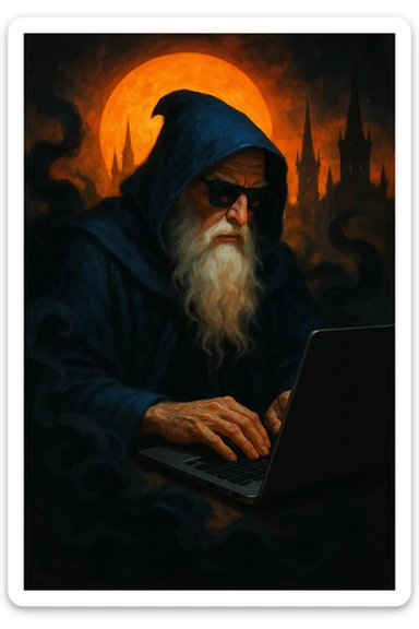 A powerful wizard, white beard and blue hooded cloak, wearing sunglasses, using a laptop. Surrounded by dark smoke, with a glowing orange sun or moon and gothic spires silhouetted in the background. Rich color contrast: warm orange/yellow sky, deep blue/black shadows. sticker