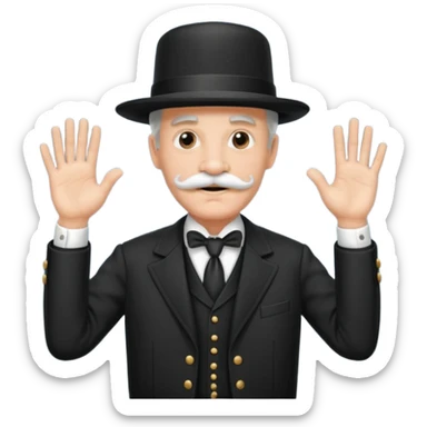 very big white moustachhe and typical 1900 black elegant clothes and hat . politician pose uses hands to speak sticker